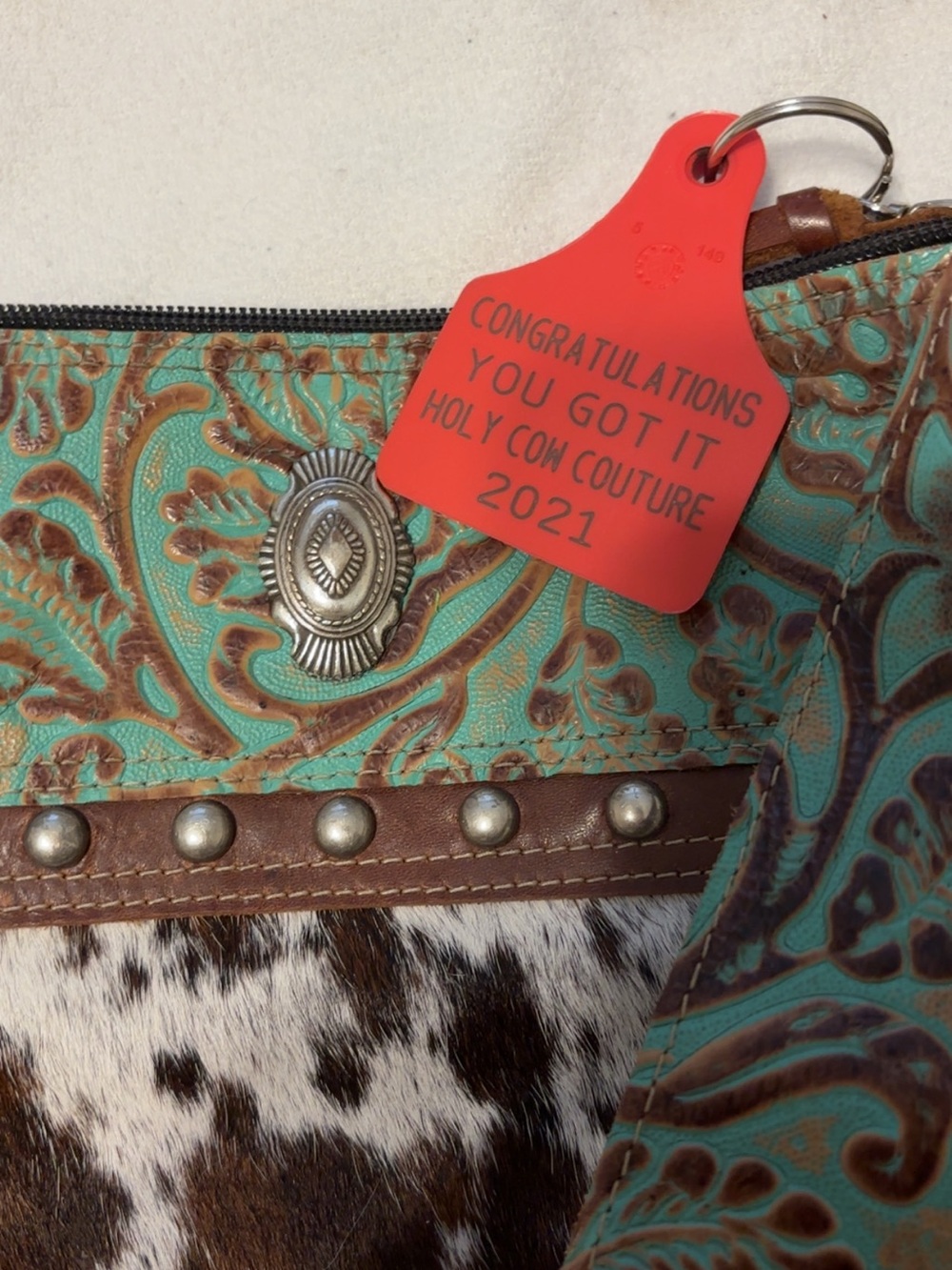Turquoise Tooled Cowhide Fringe Shoulder Bag - Picture 4 of 5